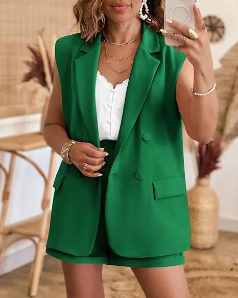 Conjunto Feminino Blazer Sem Mangas + Shorts Cintura Alta – Casual Executivo