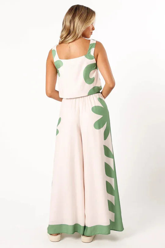 Conjunto Feminino de Verão – Colete Sem Manga & Calça Wide Leg Estampada