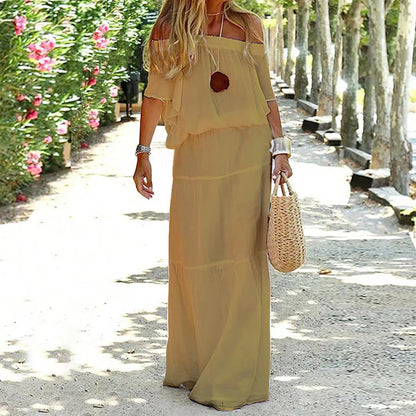 Vestido Branco Boho Elegante – Maxi Decote V com Ajuste Lace-Up