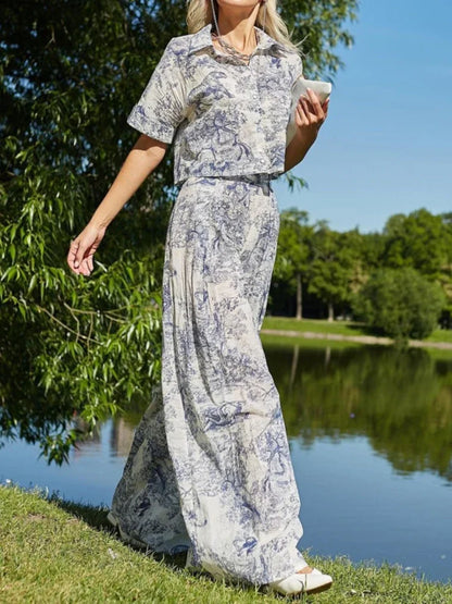 Conjunto Feminino Vintage 2025 – Camisa Polo Manga Curta + Calça Wide-Leg Estampada