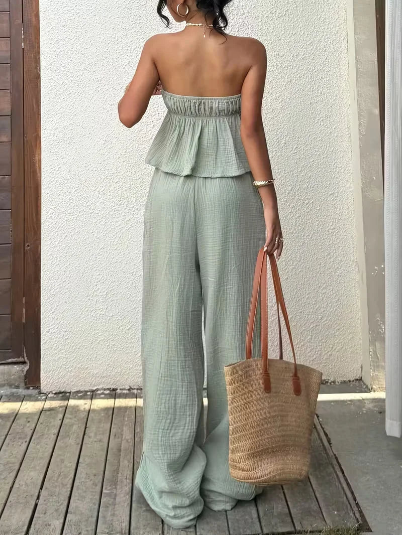 Conjunto Feminino Casual – Top Lace-Up & Calça Wide Leg