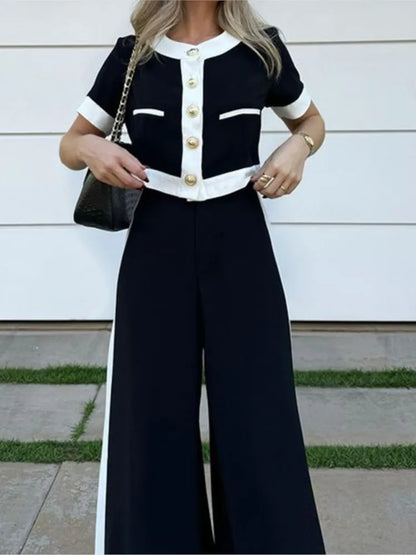 Women's Color Block Set – Short-Sleeve Blouse & Straight Leg Pants