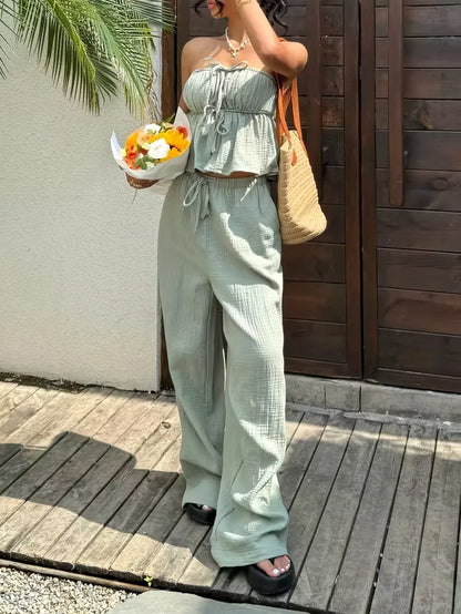 Conjunto Feminino Casual – Top Lace-Up & Calça Wide Leg