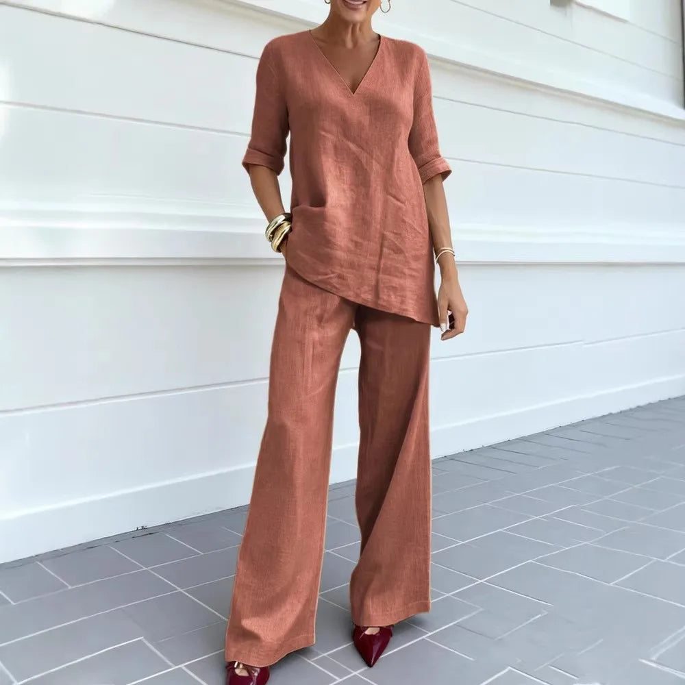 Conjunto Algodão & Linho – Blusa Decote V & Calça Reta