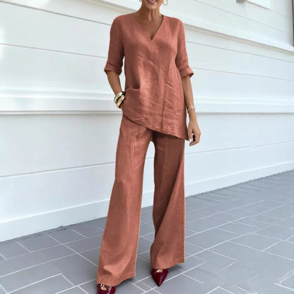 Conjunto Algodão & Linho – Blusa Decote V & Calça Reta