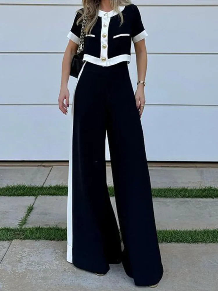 Women's Color Block Set – Short-Sleeve Blouse & Straight Leg Pants