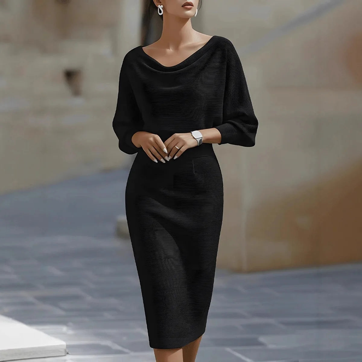 Elegant Midi Dress – High Waist & 7/8 Sleeve