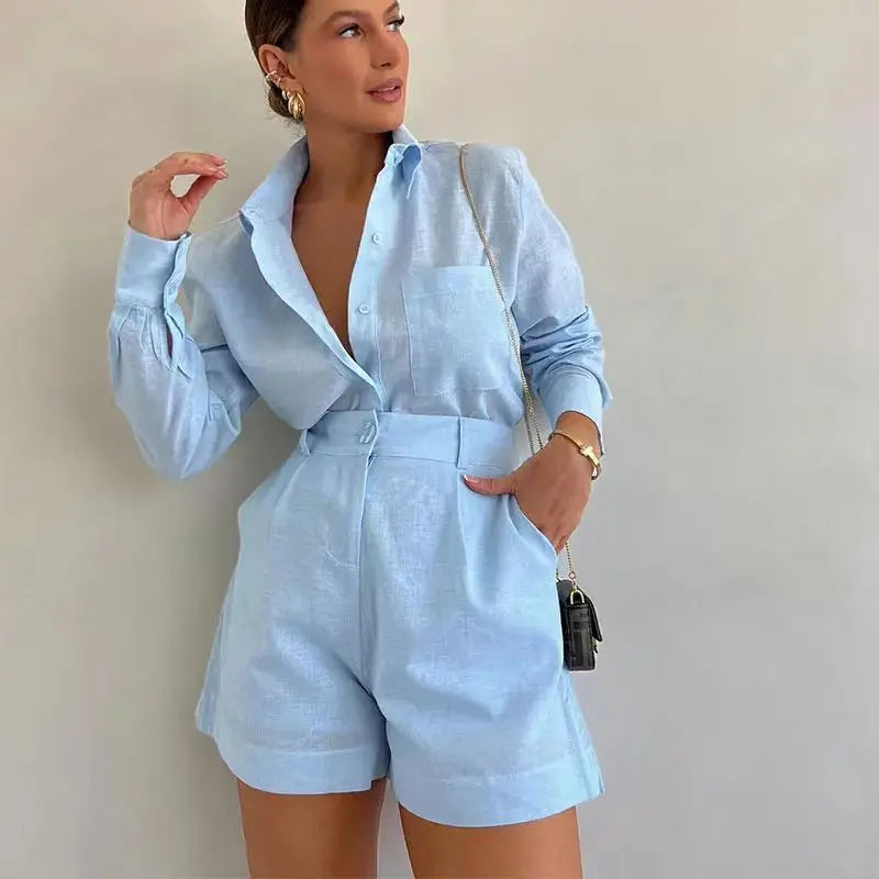 Conjunto Feminino Linho Sólido – Camisa + Shorts Wide-Leg