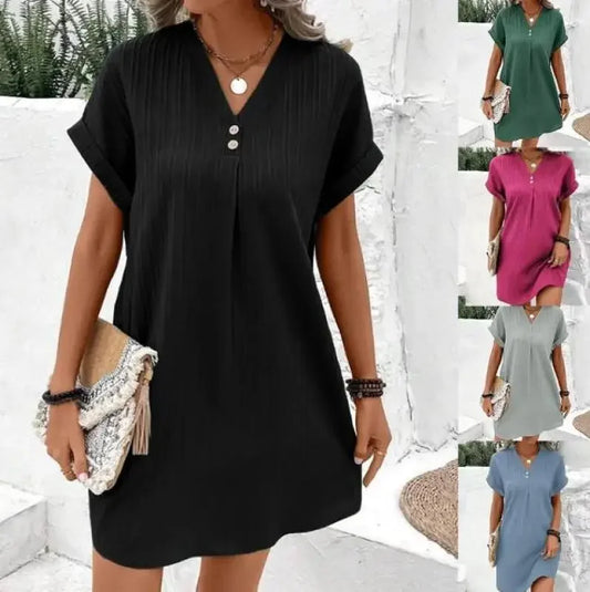 Vestido Feminino Malha Leve – Decote em V, Manga Curta e Corte Solto para Verão