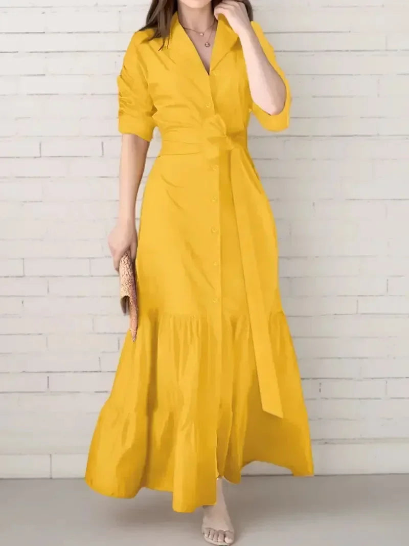 Vestido Feminino Manga Longa – Decote V e Cadarço na Cintura