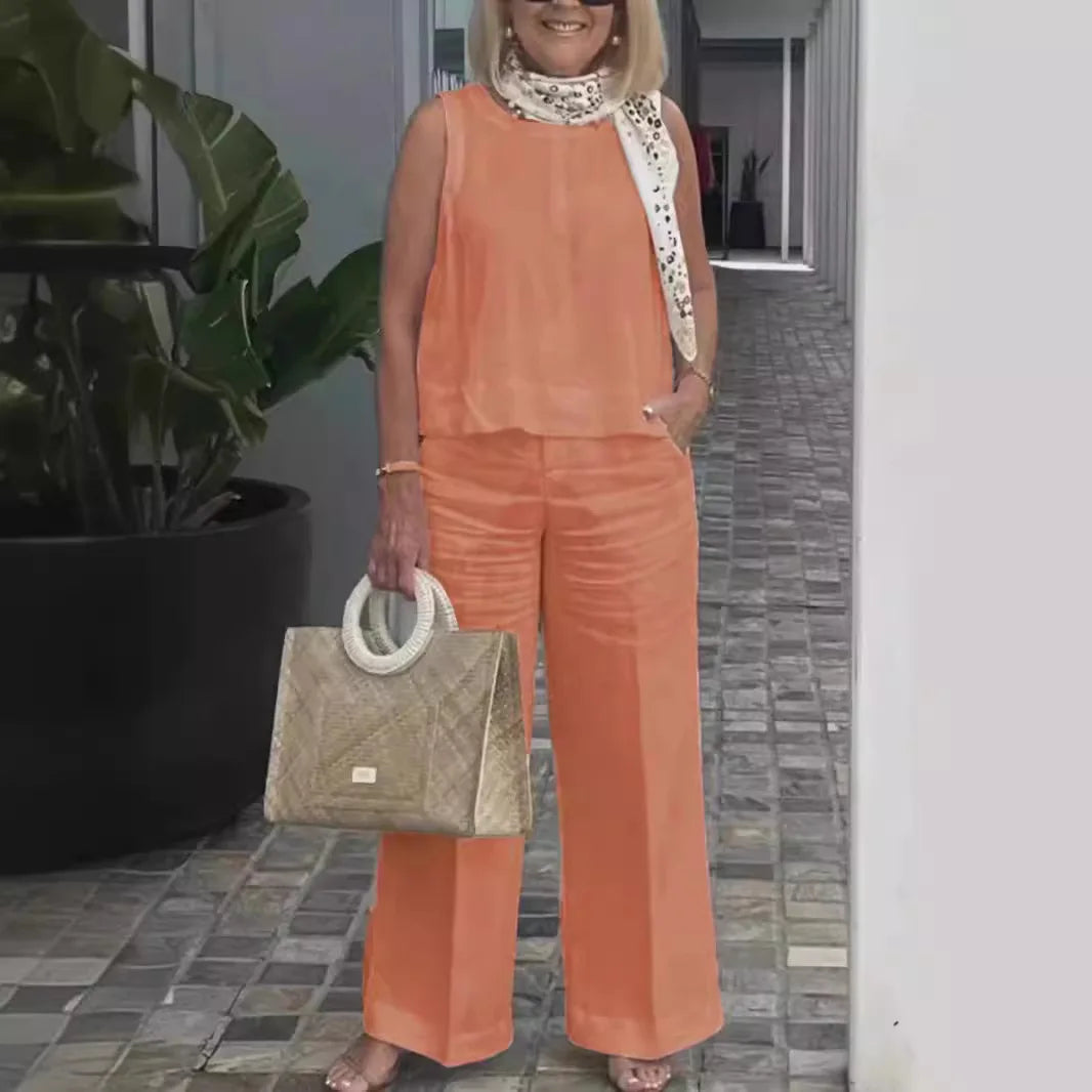 Conjunto Feminino Linho Sólido – Blusa Regata + Calça Wide-Leg