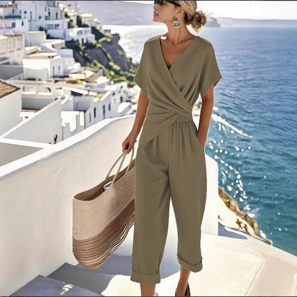 Conjunto Feminino Primavera/Verão 2025 – Top Manga Curta Irregular + Calça de Perna Larga