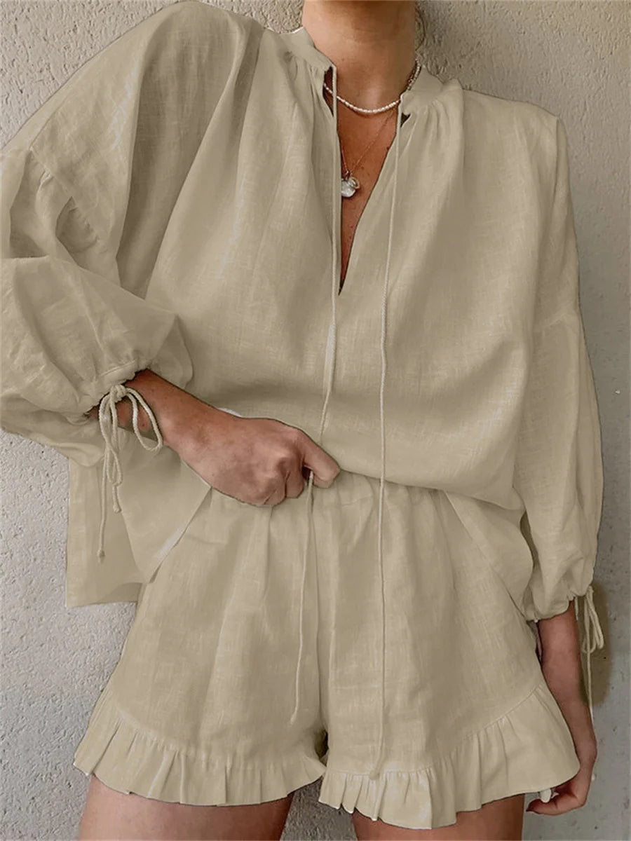 Conjunto Feminino Casual Slim – Blusa Manga Longa & Shorts Cintura Elástica