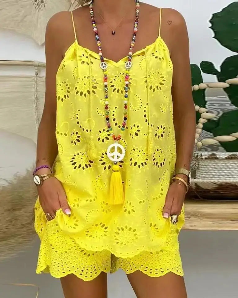 Conjunto Feminino Linho Algodão – Regata Bordada + Shorts Wide Leg