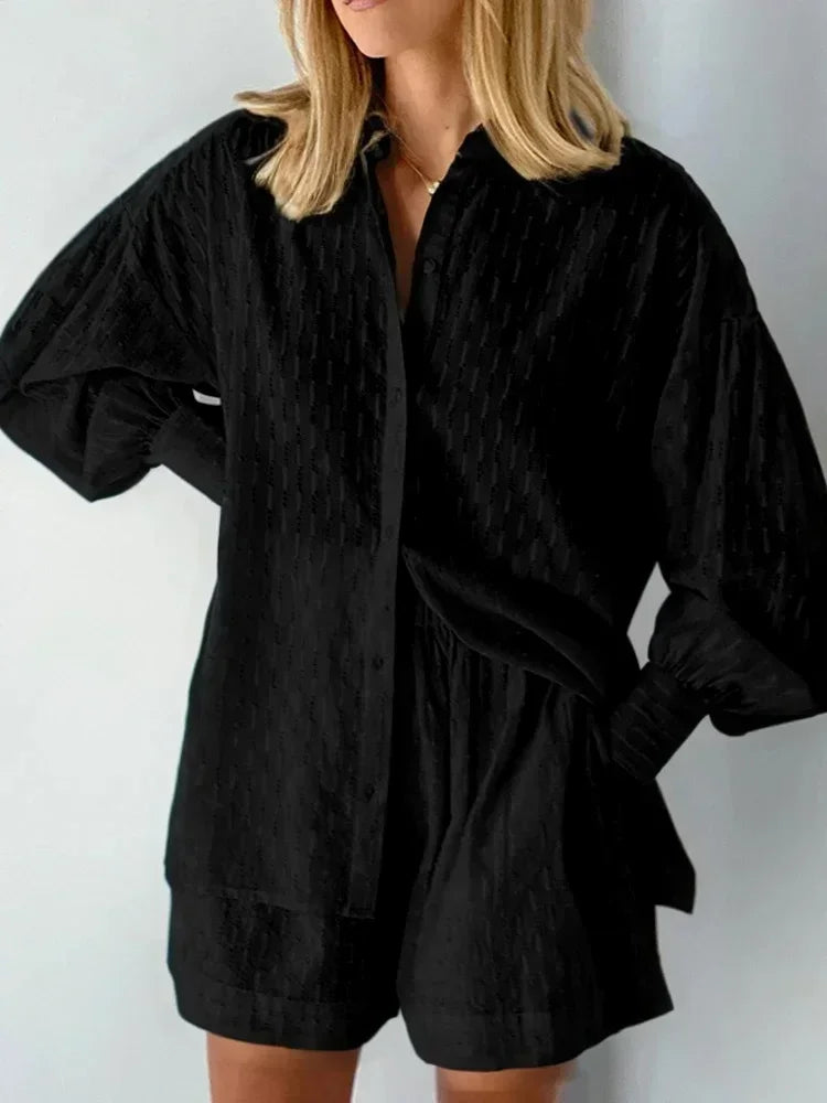 Conjunto Feminino 2 Peças Casual Solto – Camisa Manga Longa + Shorts Streetwear