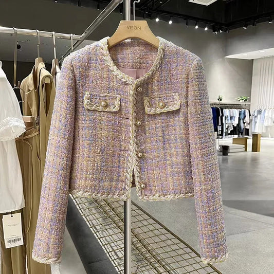 Veste courte matelassée en tweed style coréen polyvalent pour femme, collection automne, coupe amincissante, style tendance, polyester de haute qualité.