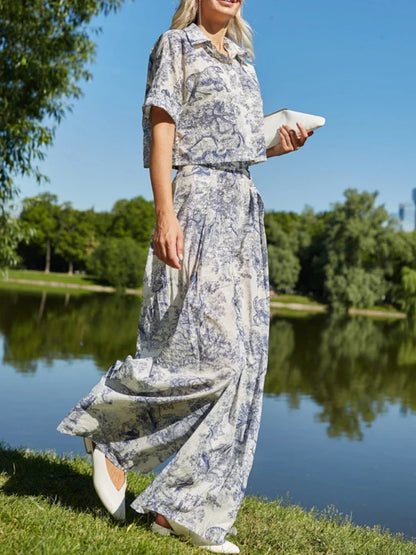 Conjunto Feminino Vintage 2025 – Camisa Polo Manga Curta + Calça Wide-Leg Estampada