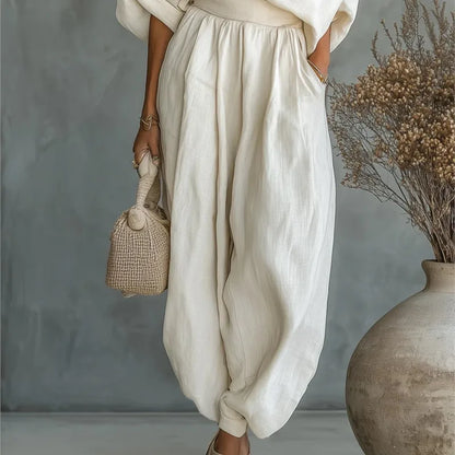 Conjunto Resort Luxe – Ombro Assimétrico & Calça Wide Leg