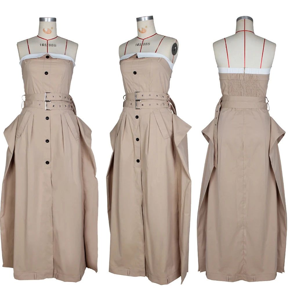 Vestido Trench Feminino MaxI – Sem Mangas, Cinto Duplo, Botão Único