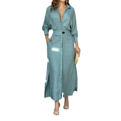 Vestido Feminino de Outono – Manga Longa com Decote V
