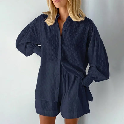 Conjunto Feminino 2 Peças Casual Solto – Camisa Manga Longa + Shorts Streetwear