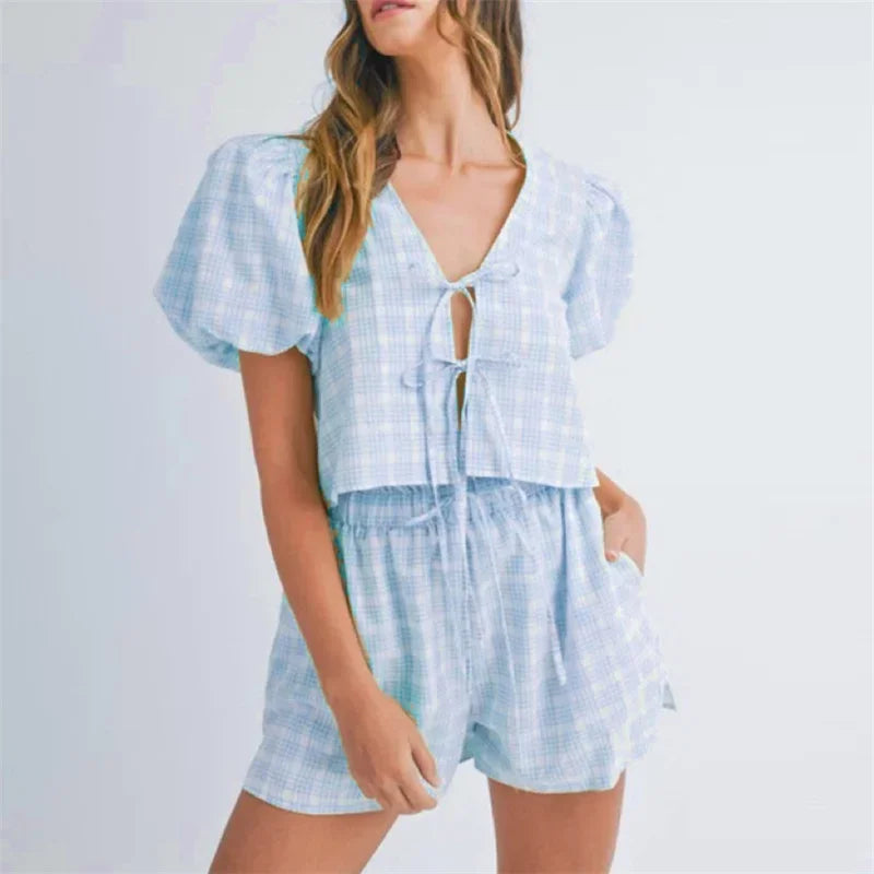 Conjunto Feminino 2 Peças Xadrez Y2K – Top Amarrado & Shorts Cintura Elástica