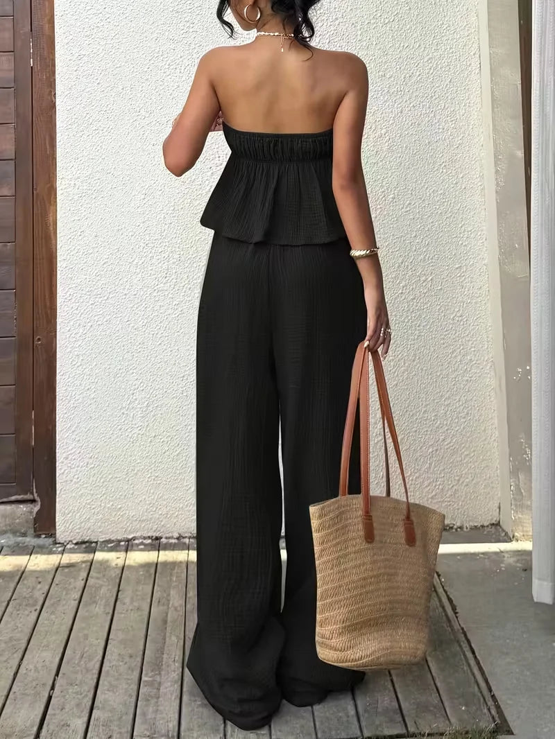 Conjunto Feminino Casual – Top Lace-Up & Calça Fluida
