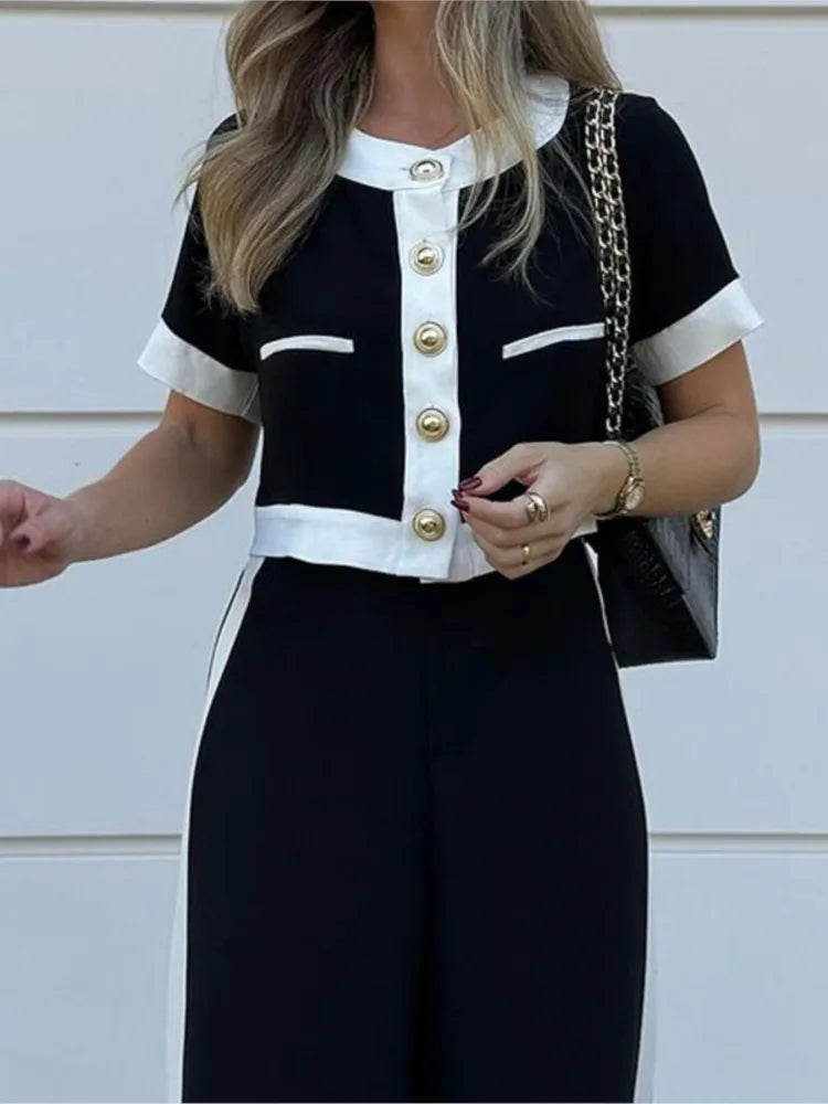 Women's Color Block Set – Short-Sleeve Blouse & Straight Leg Pants