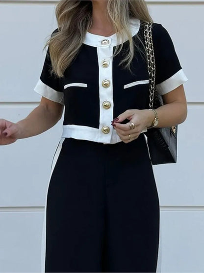 Women's Color Block Set – Short-Sleeve Blouse & Straight Leg Pants