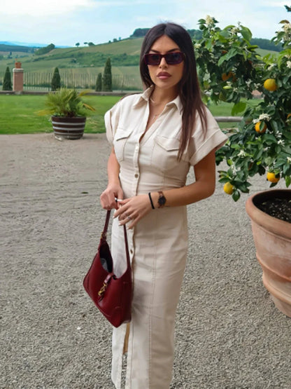 Off-White Denim Midi Dress – Front Buttons & Casual Elegance