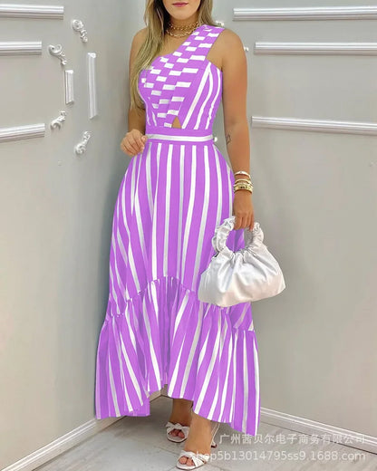 Vestido Listras & Recortes – Elegância Leve para Primavera e Verão