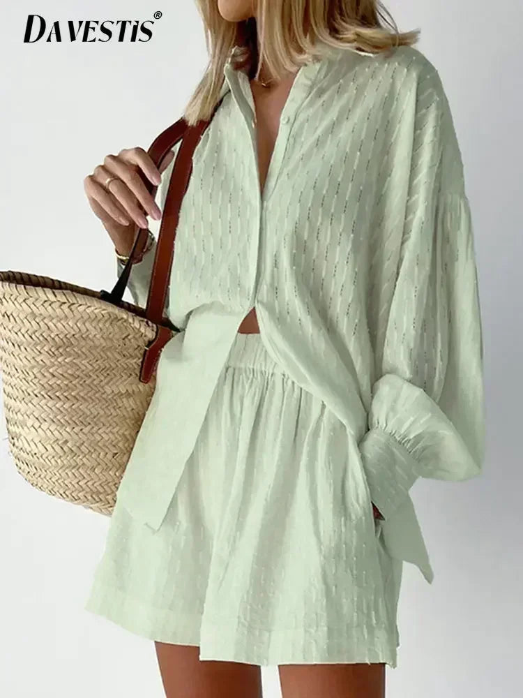 Conjunto Feminino 2 Peças Casual Solto – Camisa Manga Longa + Shorts Streetwear