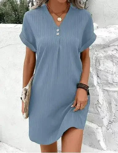 Vestido Feminino Malha Leve – Decote em V, Manga Curta e Corte Solto para Verão