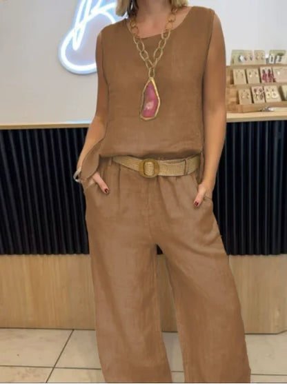 Conjunto Cotton-Linen Chic – Top & Calça 2-Peças