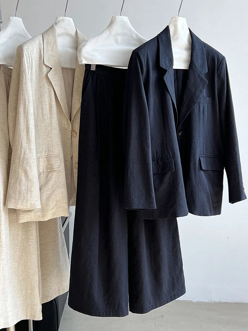Conjunto Feminino Linho Sólido – Blazer + Calça Wide Leg
