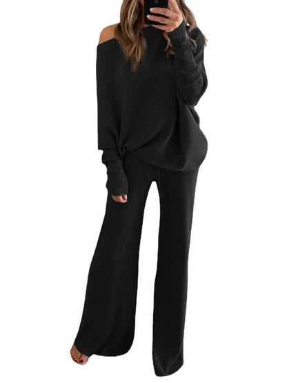 Conjunto Feminino 2 Peças – Blusa Manga Longa + Calça Solta, Gola Redonda