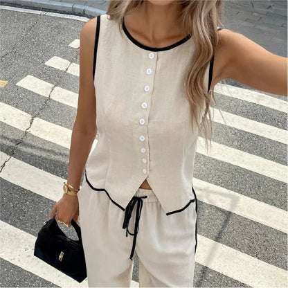 Conjunto Feminino 2 Peças – Colete Sem Manga & Calça de Cintura Alta