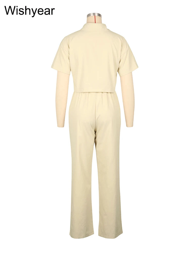 Conjunto Feminino 2 Peças Lã/ Linho – Camisa Manga Curta + Calça Wide Leg Estilo Esporte Casual