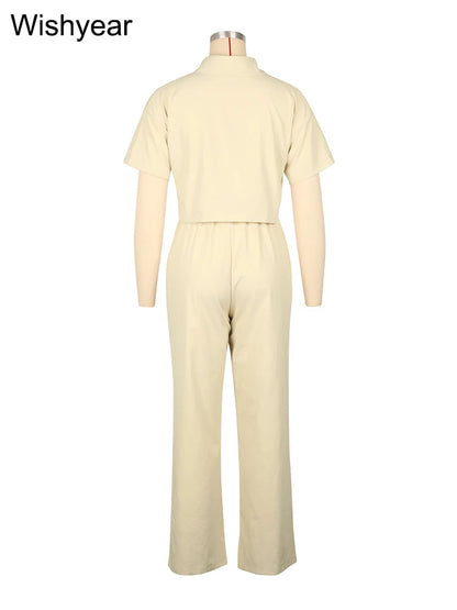 Conjunto Feminino 2 Peças Lã/ Linho – Camisa Manga Curta + Calça Wide Leg Estilo Esporte Casual