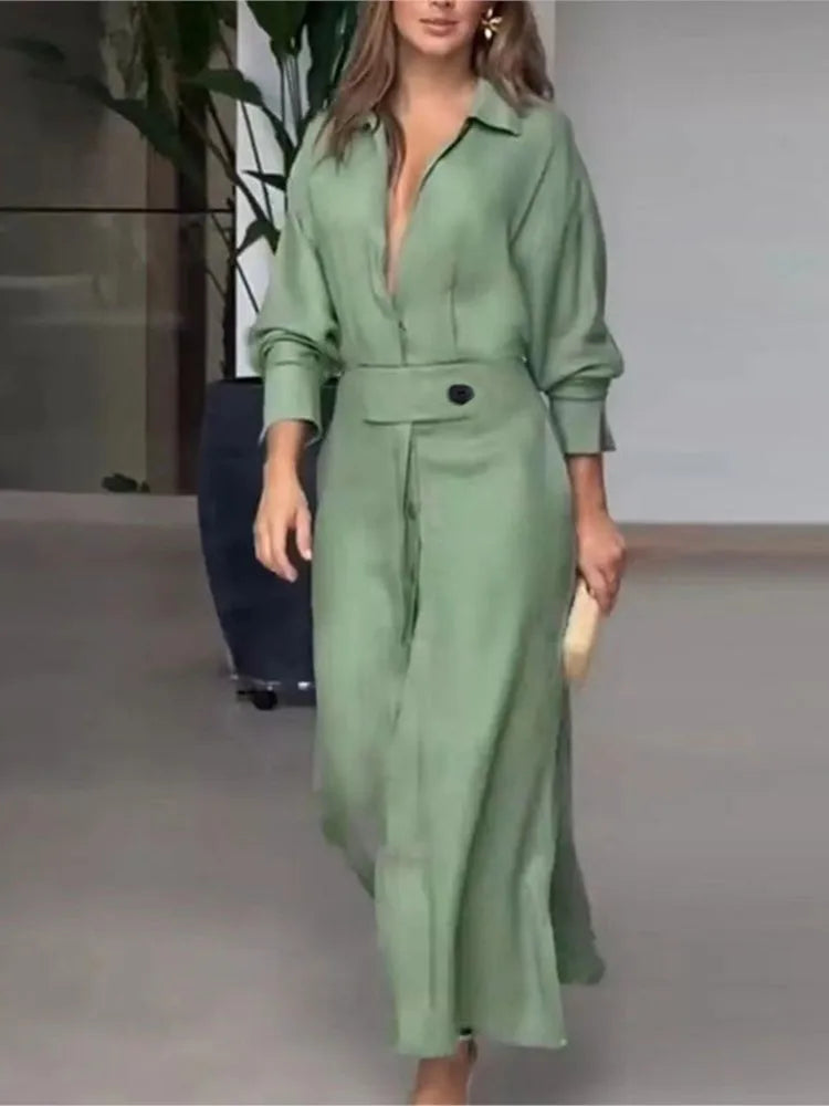 Vestido Feminino de Outono – Manga Longa com Decote V