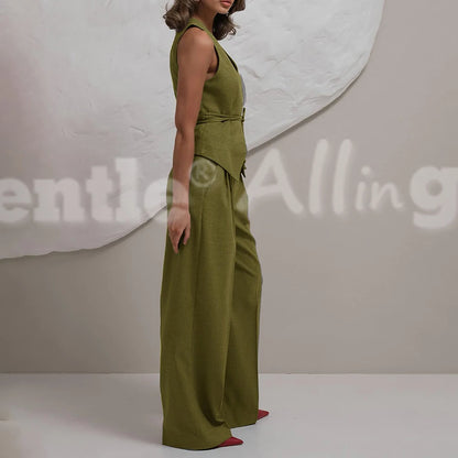 Conjunto Feminino Linho Sólido – Colete + Calça Wide-Leg