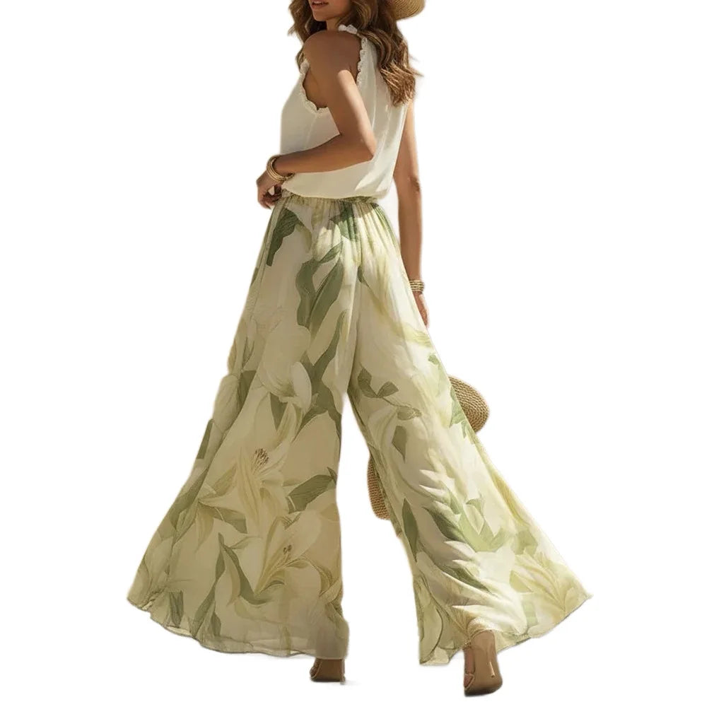 Conjunto Maxi Resort – Decote V, Estampa &amp; Babados Elegantes