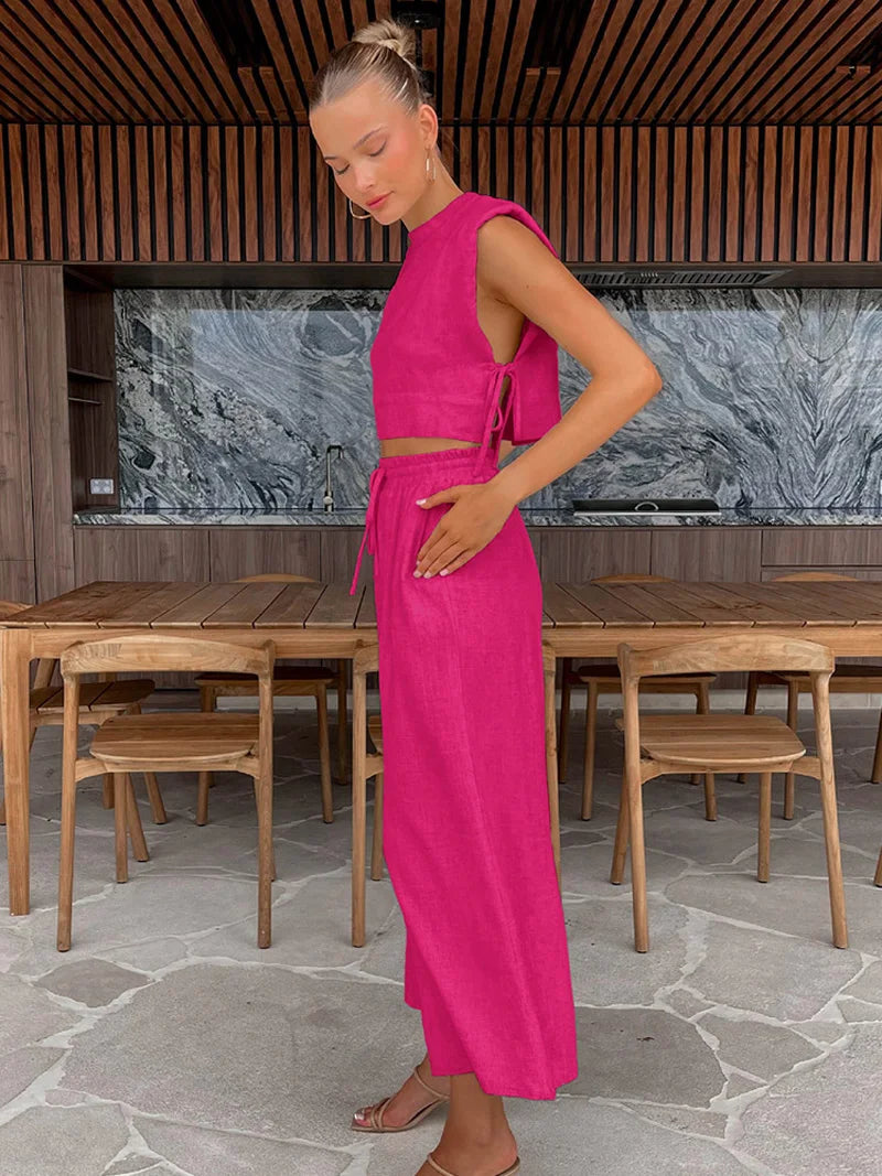 Conjunto Holiday Linho-Algodão 2-Peças – Top Cropped & Calça