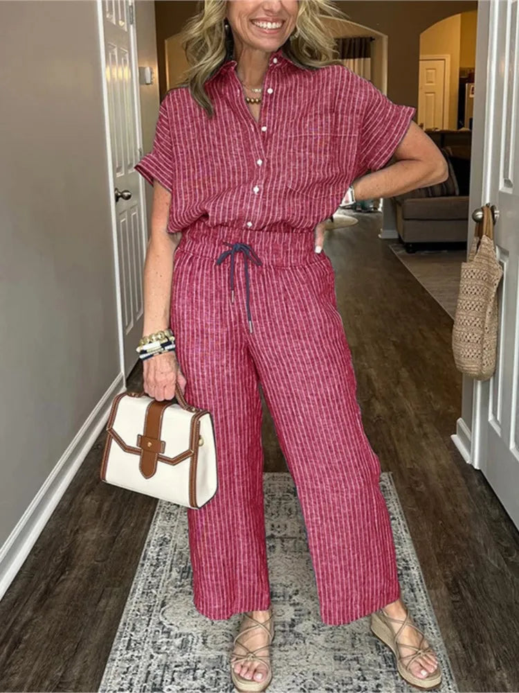 Conjunto Feminino Listrado – Camisa Manga Curta + Calça Solta