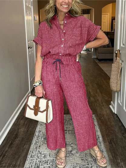Conjunto Feminino Listrado – Camisa Manga Curta + Calça Solta