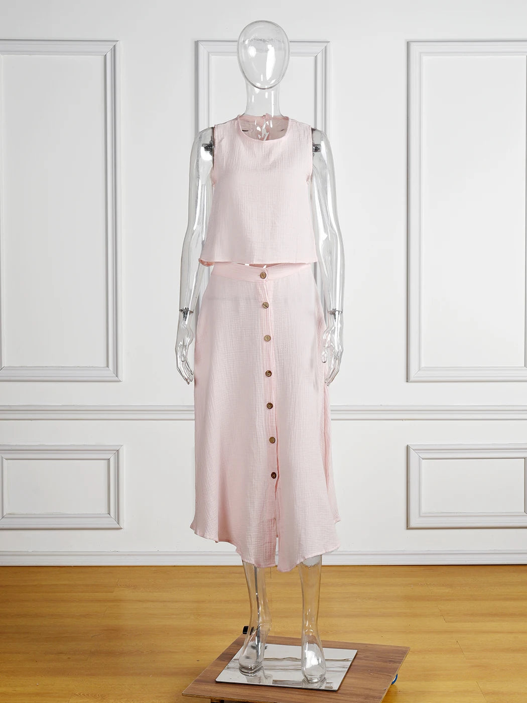 Conjunto Feminino Verão 2023 – Colete Sem Mangas + Saia de Linho/Cotton