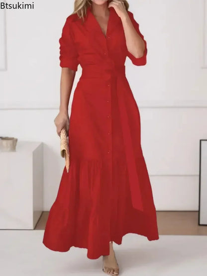 Vestido Feminino Manga Longa – Decote V e Cadarço na Cintura