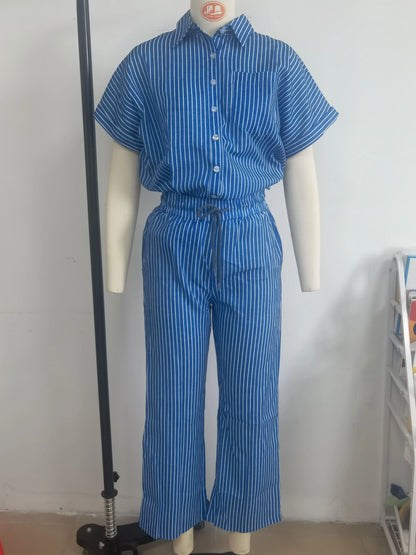 Conjunto Feminino Listrado – Camisa Manga Curta + Calça Solta