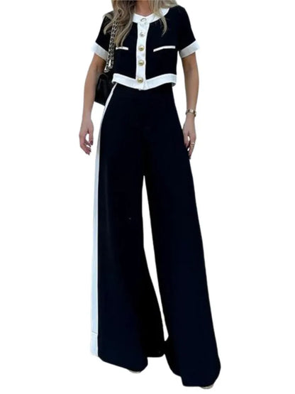 Women's Color Block Set – Short-Sleeve Blouse & Straight Leg Pants