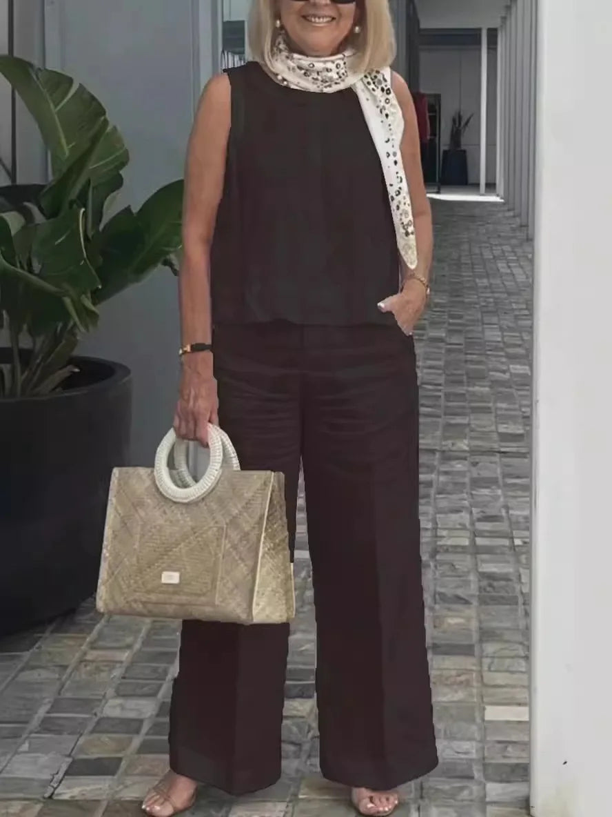 Conjunto Feminino Linho Sólido – Blusa Regata + Calça Wide-Leg